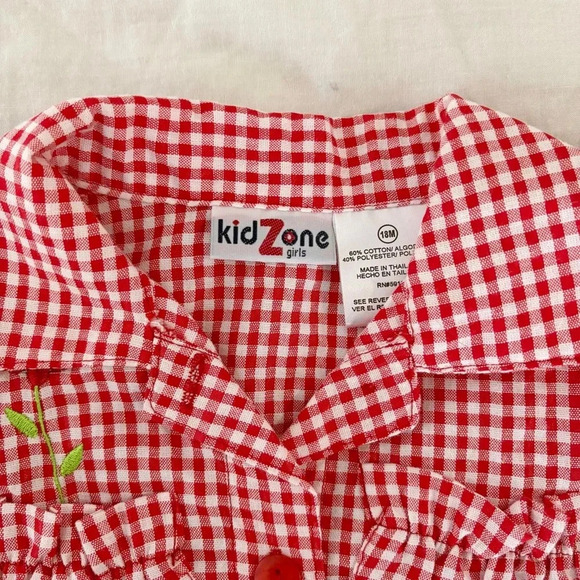 Vintage Kids Zone Red Picnic Checkered Gingham Puff Sleeve Top Shirt Size 18M - Picture 3 of 5